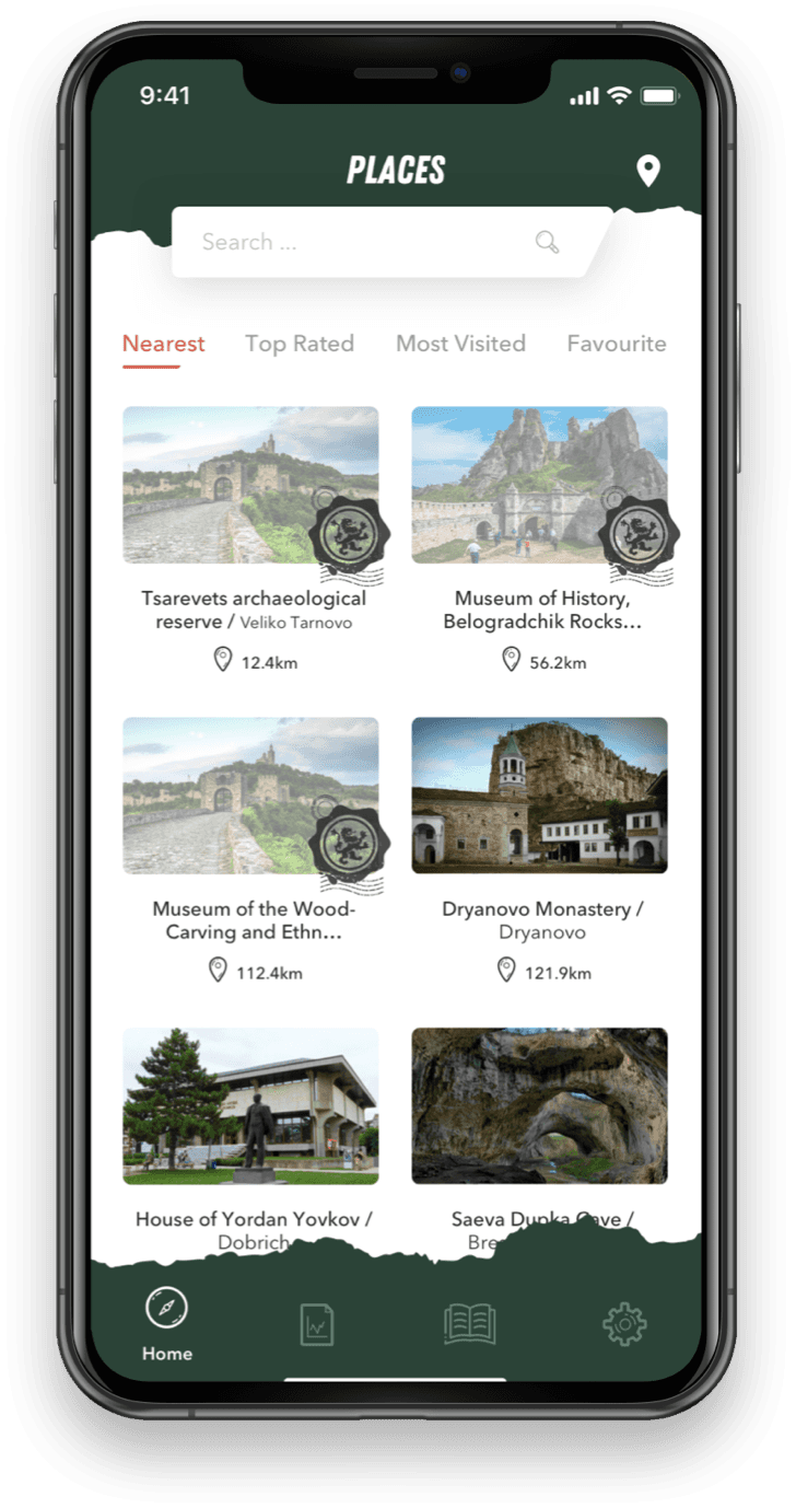 100 Places Bulgaria app on a phone, showing nearby landmarks